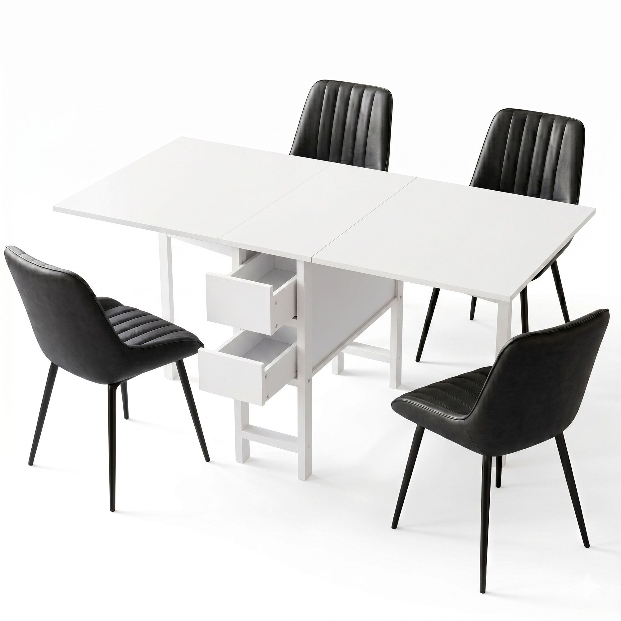 Dining Table and Chairs Set 5pcs Foldable Kitchen Furniture with 2 Drawers Black and White