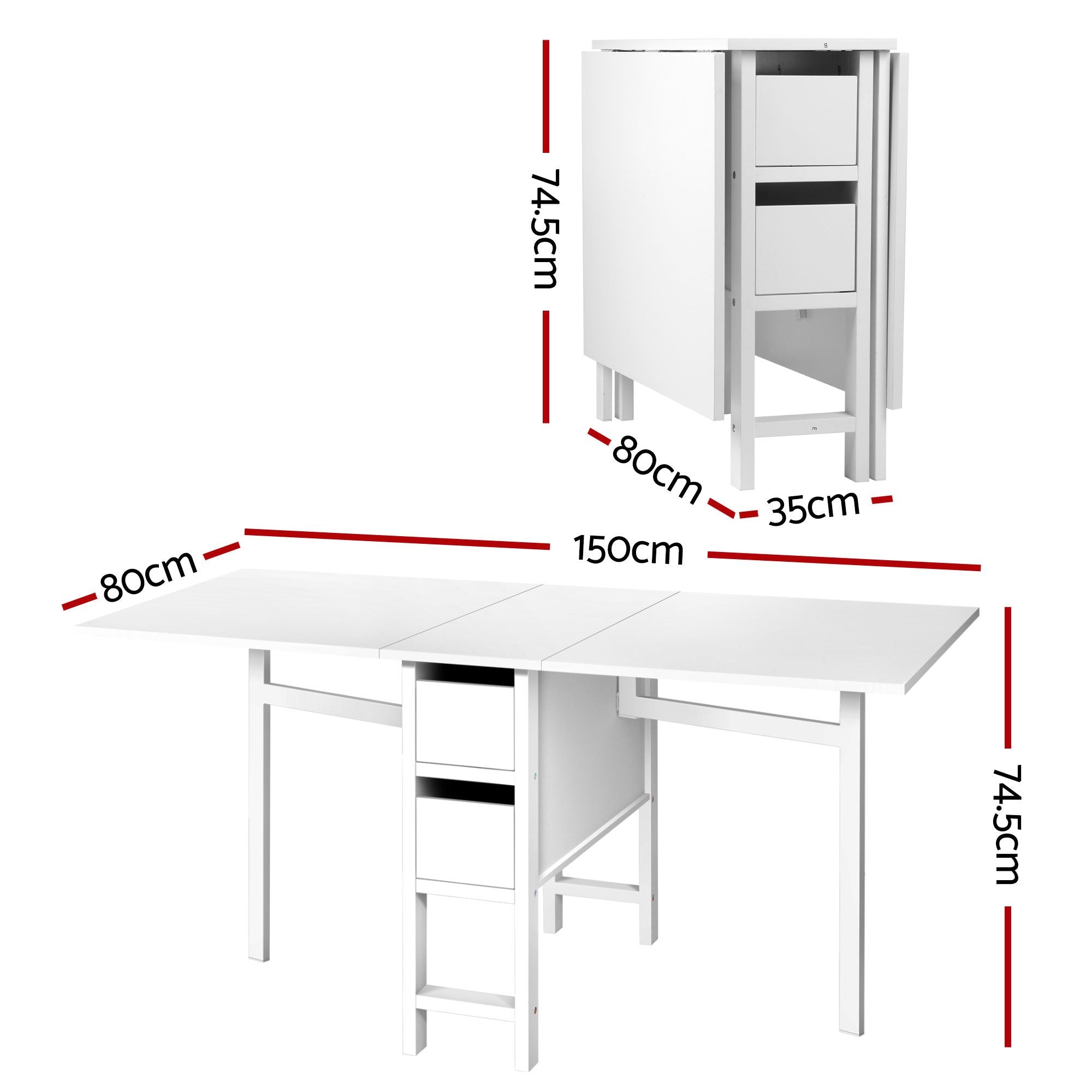 Dining Table and Chairs Set 5pcs Foldable Kitchen Furniture with 2 Drawers Black and White