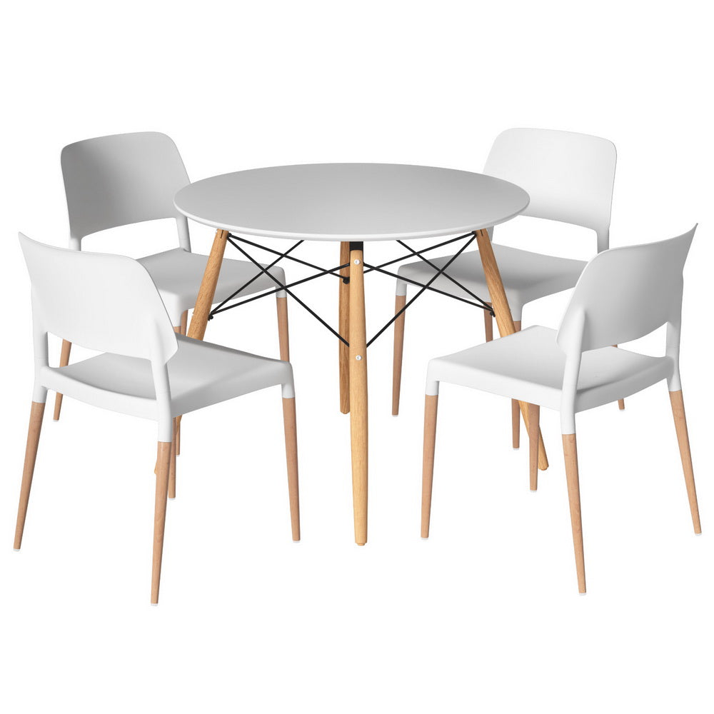 Dining Table and 4 Chairs Set Round White