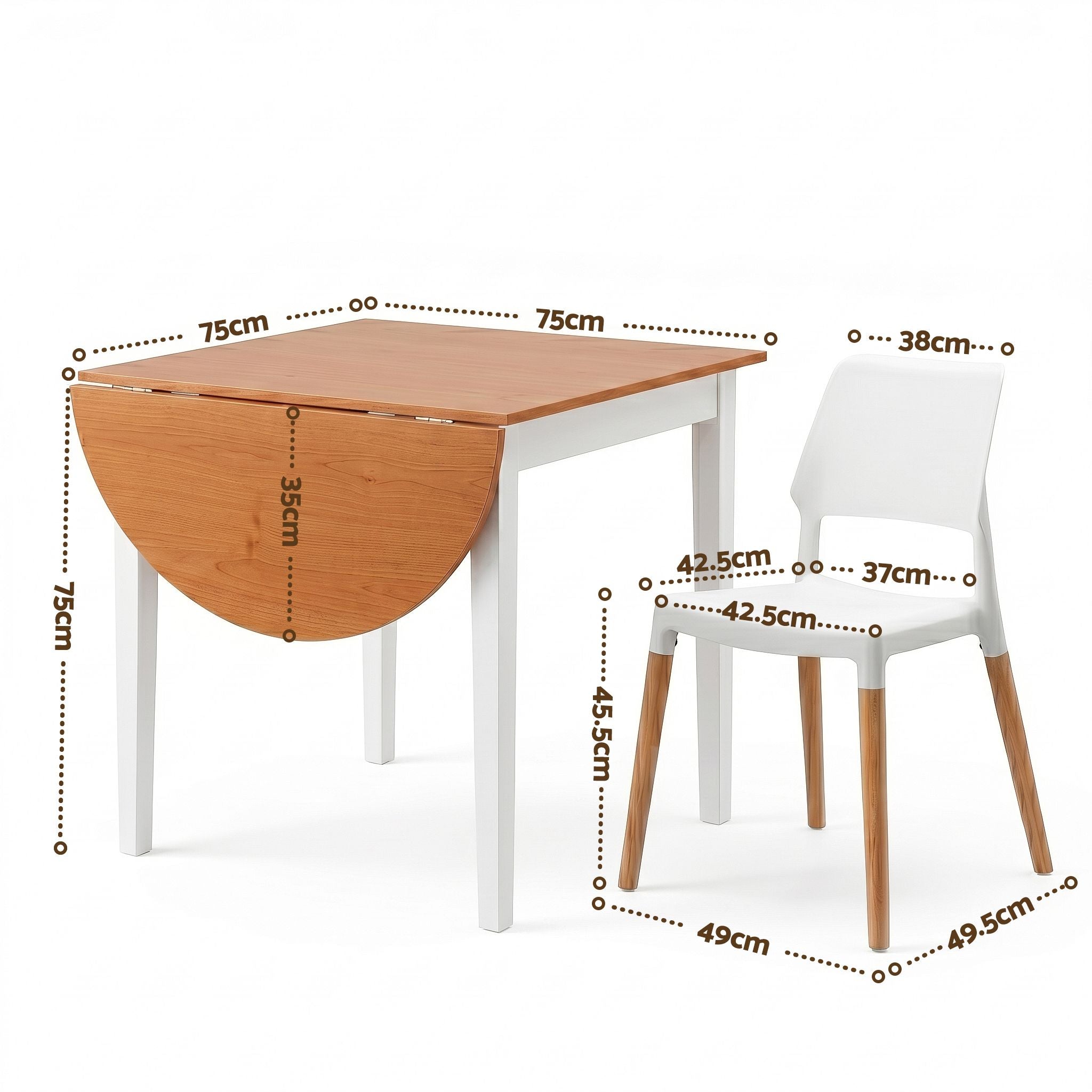 Dining Table and Chairs Set 5PCS, 75-110cm Drop-Leaf Table, with 4 Dining Chairs White Wooden, 4 Seater Dining Table Set for Kitchen, Apartment, Café