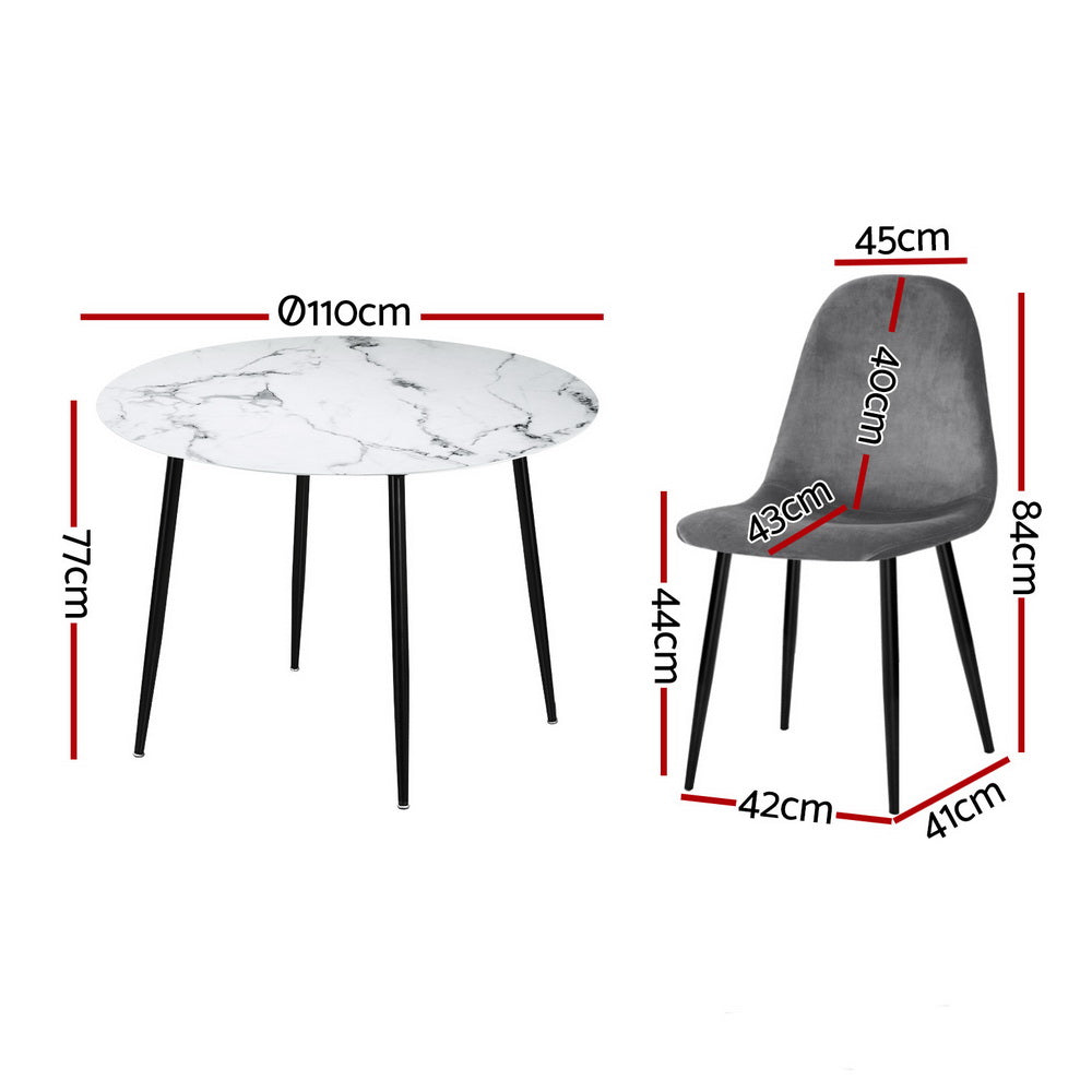 Dining Table and 4 Chairs Set Marble Grey