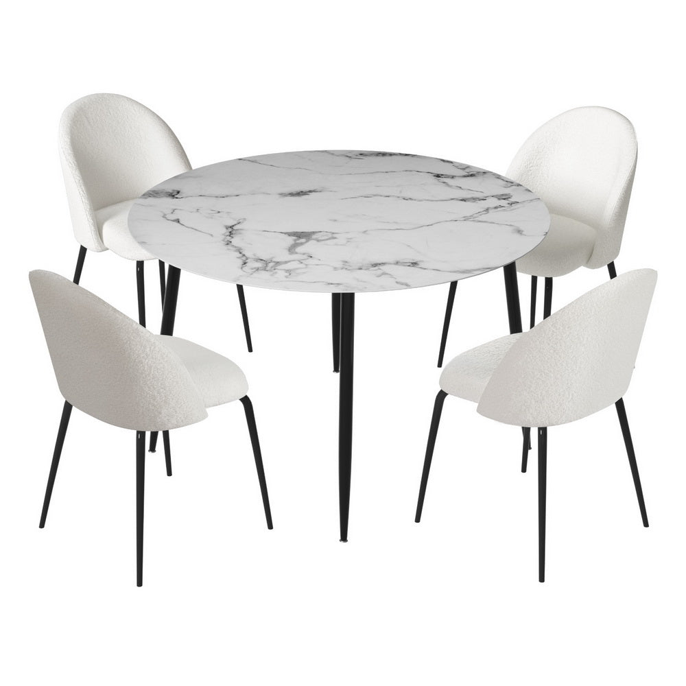 Dining Table and 4 Chairs Set Marble White