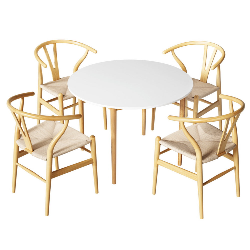 Dining Table and 4 Chairs Set Wishbone Wood