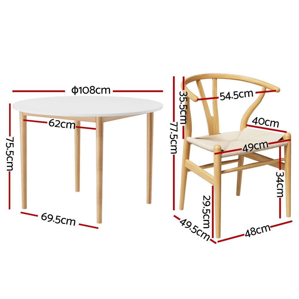 Dining Table and 4 Chairs Set Wishbone Wood