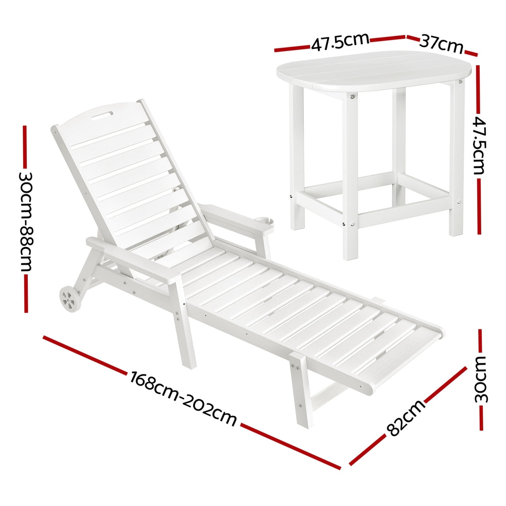 Sun Lounge Lounger Beach Chair HDPE Patio Outdoor Furniture with Wheels White