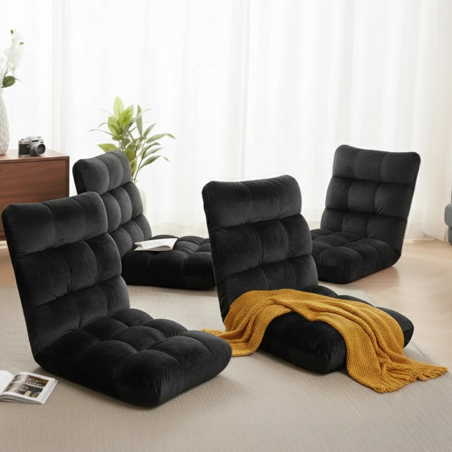Set of 4 Lounge Sofa Bed Flannel Fabric Black