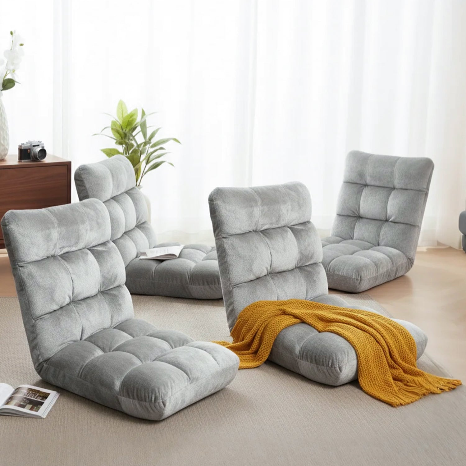 Set of 4 Lounge Sofa Bed Flannel Fabric Grey