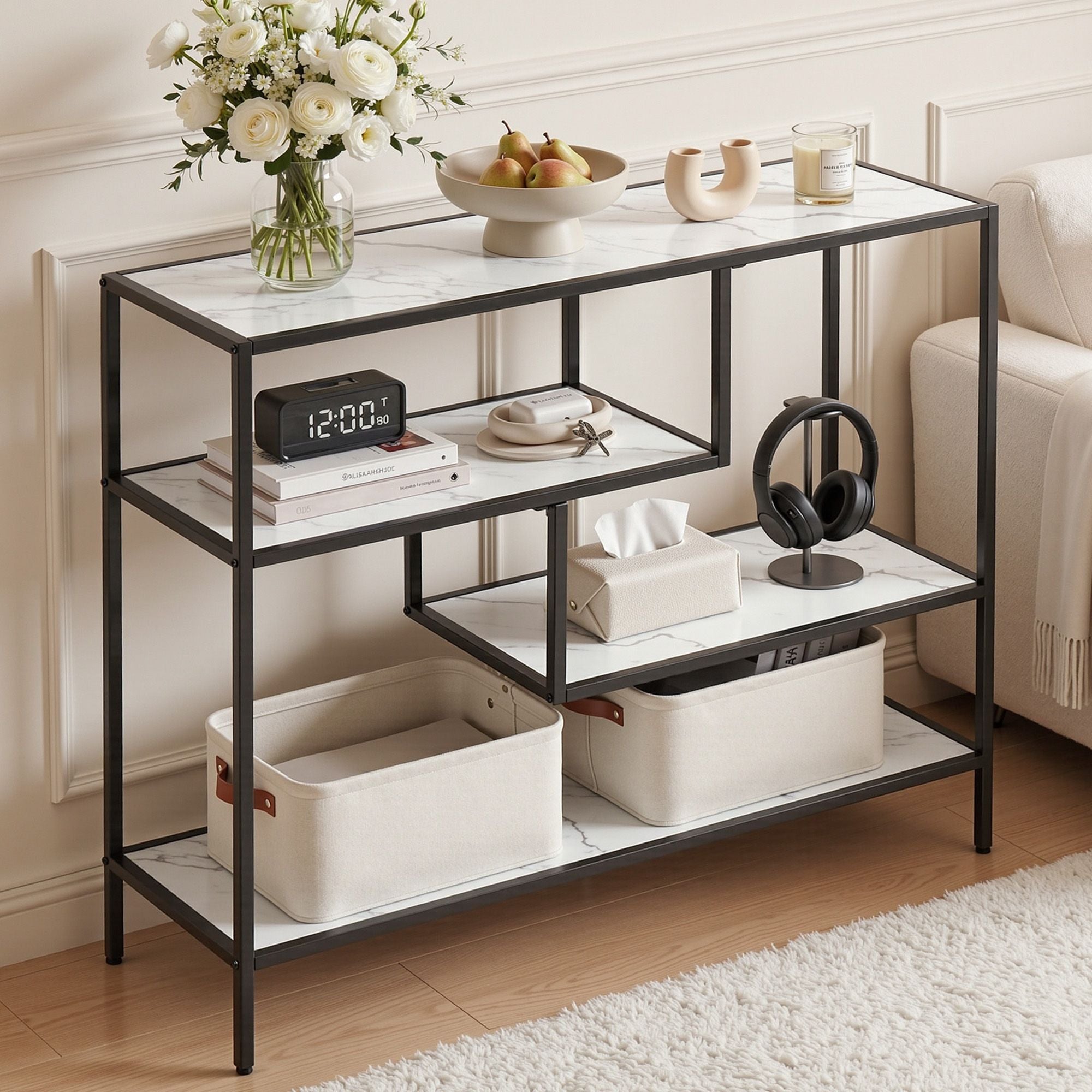 Console Table Entryway Hallway Marble Effect 4-Tier Storage Shelves White