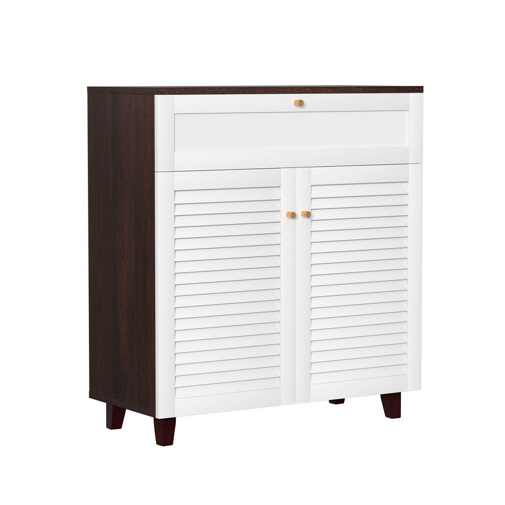 Shoe Rack Cabinet with Storage Drawer – White & Walnut