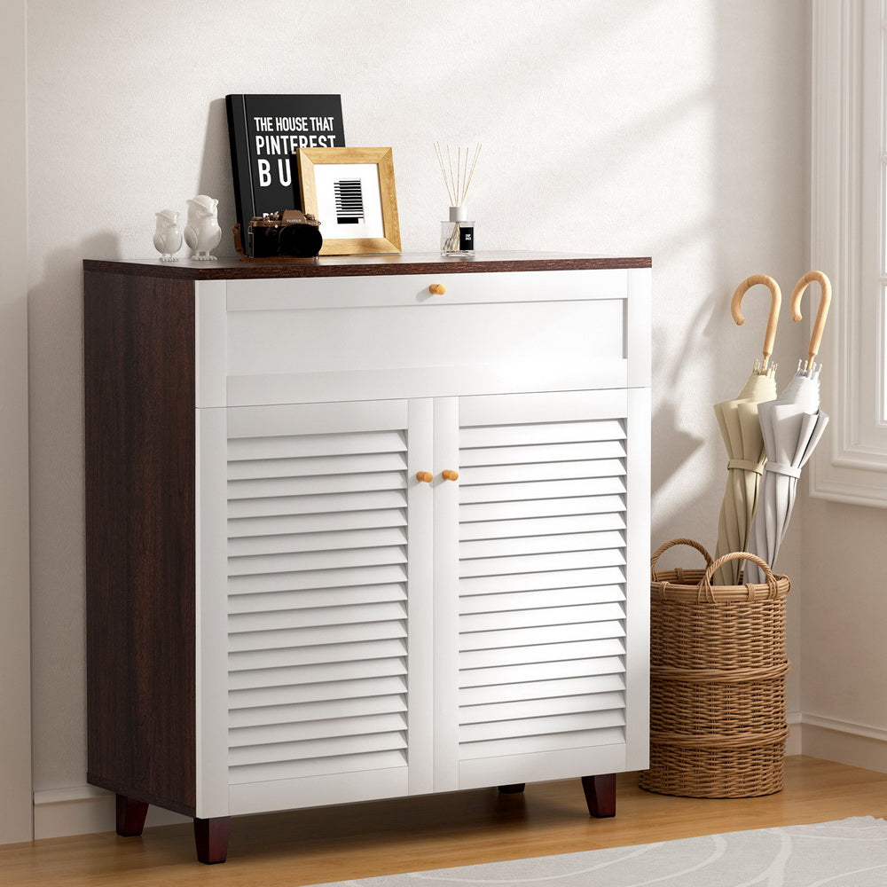 Shoe Rack Cabinet with Storage Drawer – White & Walnut