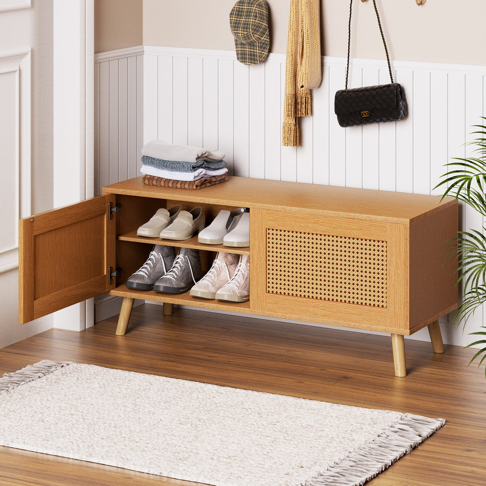 Rattan 2-Door Shoe Cabinet – Pine Finish
