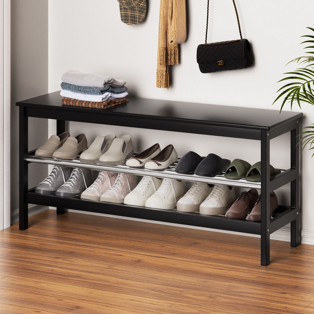 2-Tier Bamboo Shoe Rack Bench - Black