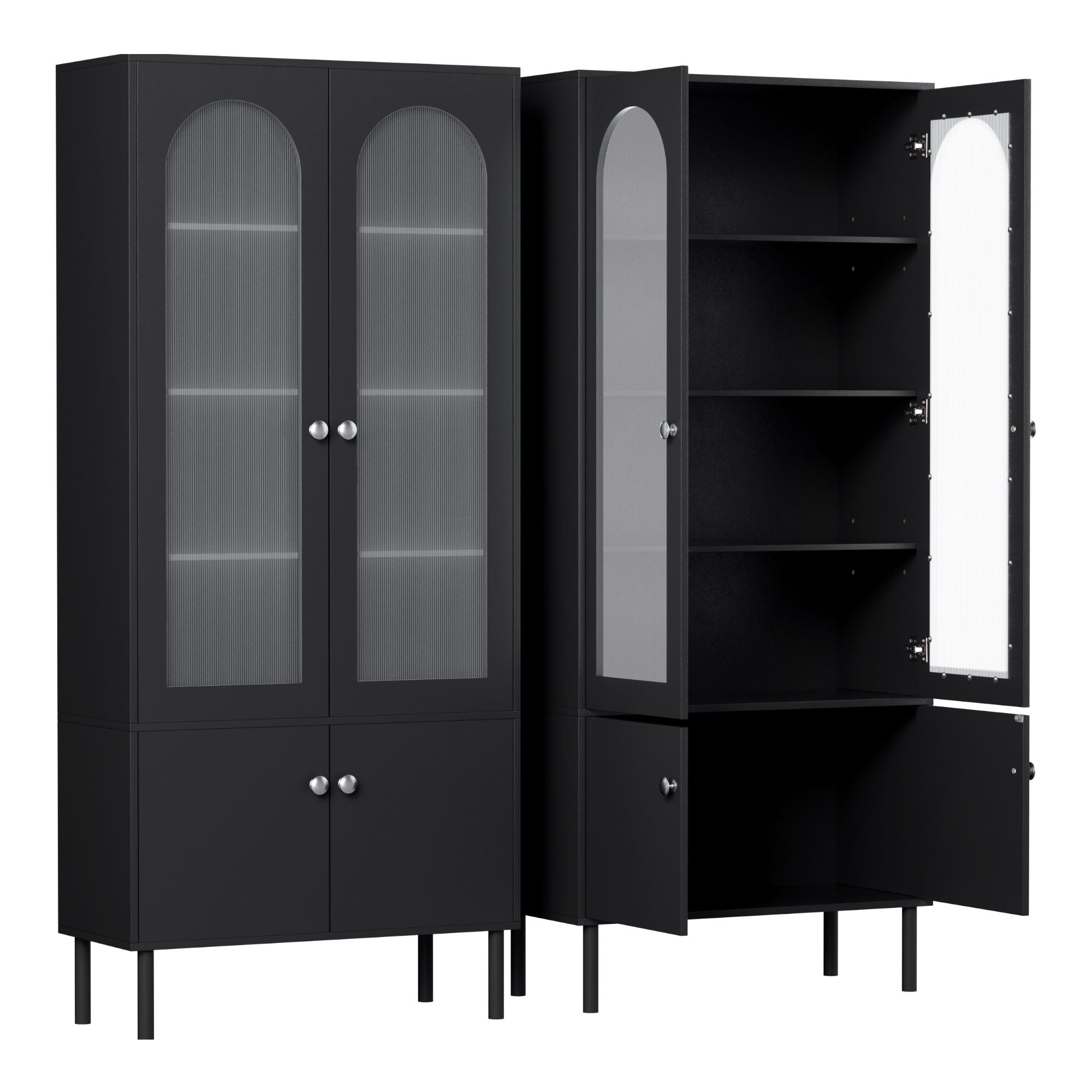 2x Buffet Sideboard Cabinet Pantry 5-Tier Storage Cupboard Fluted Black