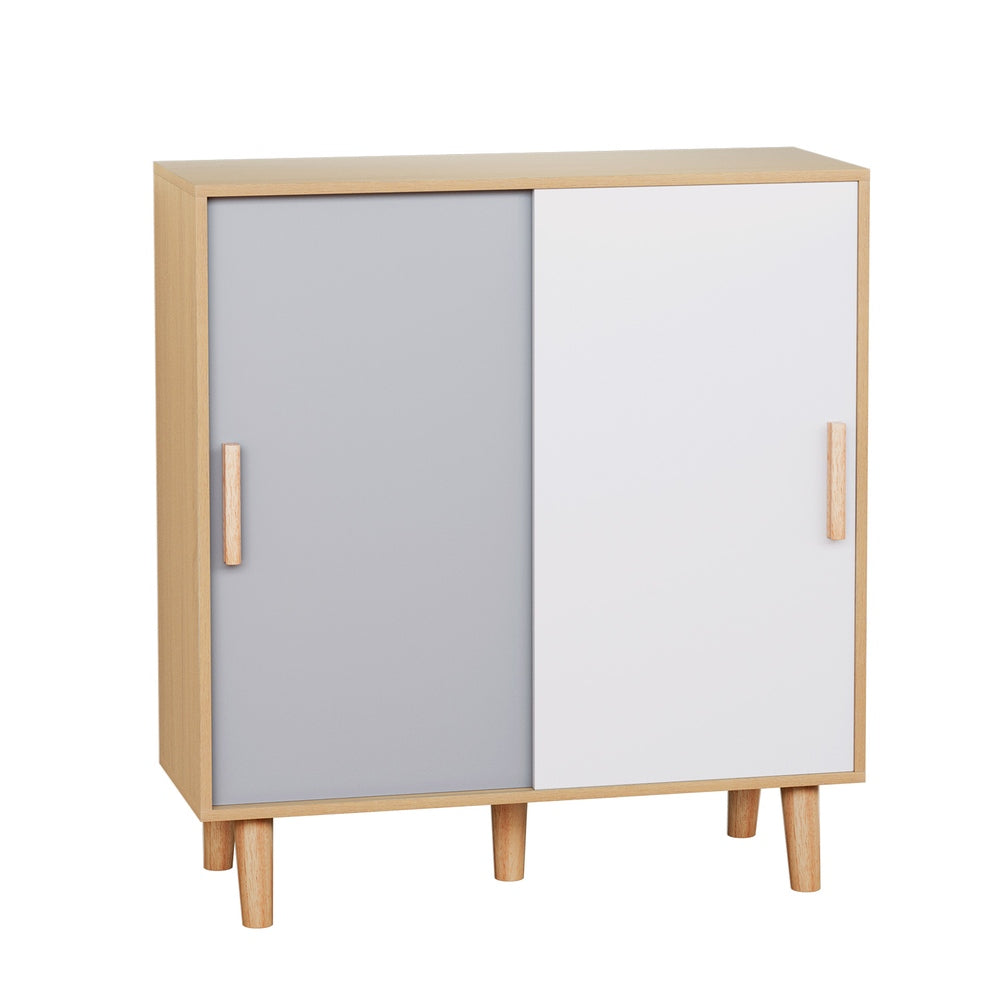 2-Door Shoe Cabinet with Sliding Doors – White, Grey & Pine
