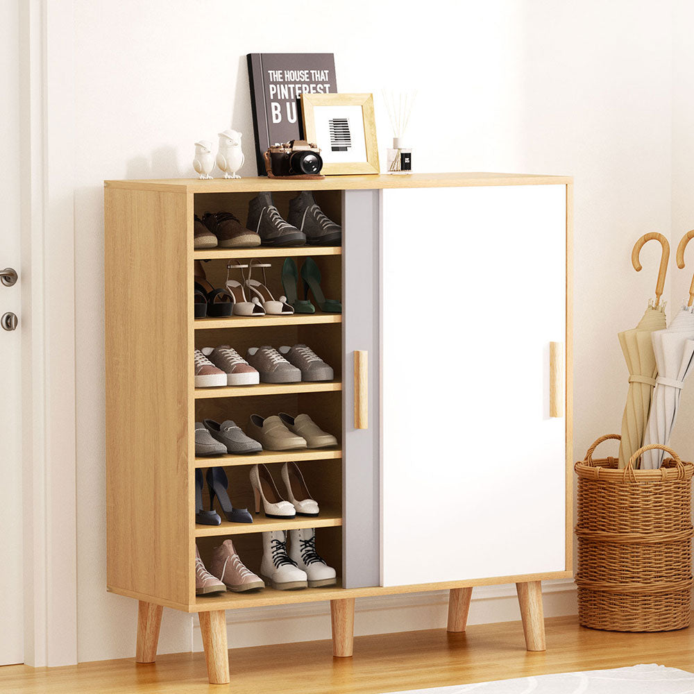 2-Door Shoe Cabinet with Sliding Doors – White, Grey & Pine