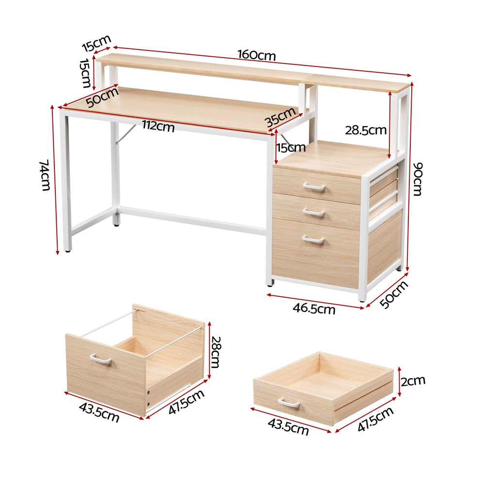 160cm Computer Desk with Monitor Riser and Storage Drawers – Oak & White