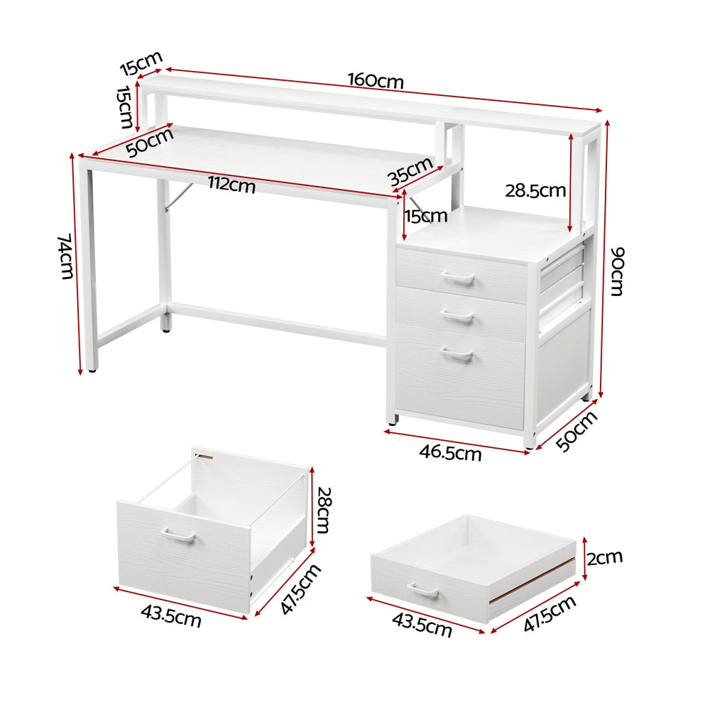 160cm Computer Desk with Monitor Riser and Storage Drawers – White