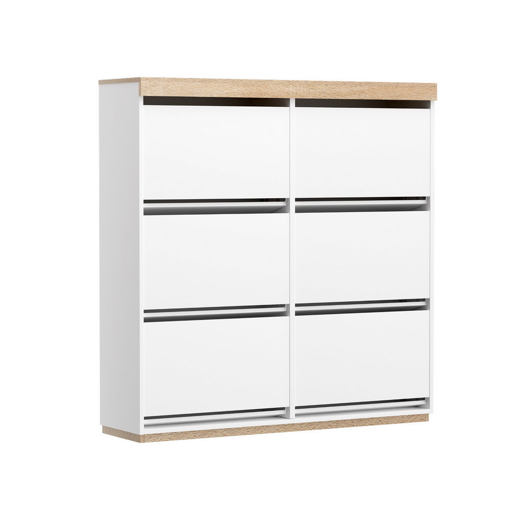 3-Tier Shoe Rack Cabinet with 6 Flip-Out Drawers – White & Pine Finish