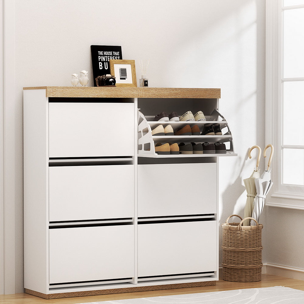 3-Tier Shoe Rack Cabinet with 6 Flip-Out Drawers – White & Pine Finish