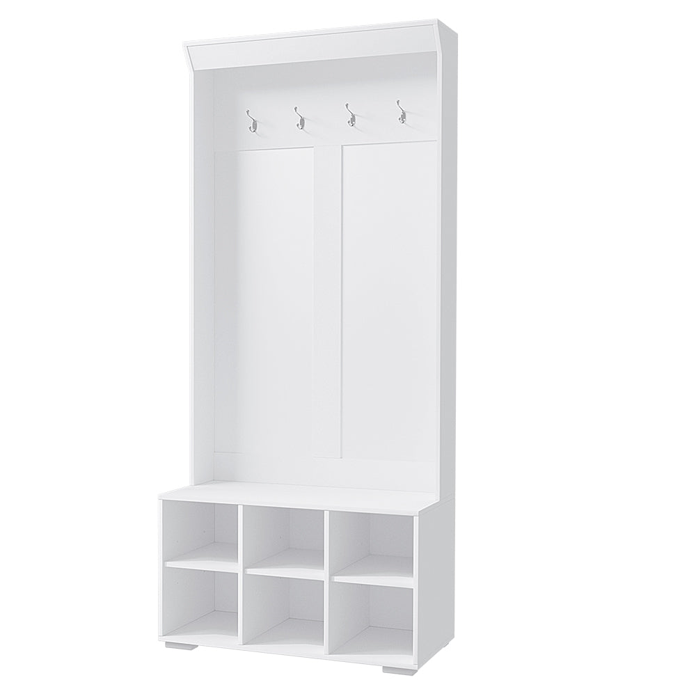 Hall Tree Shoe Rack Cabinet with Coat Hooks & Bench – White