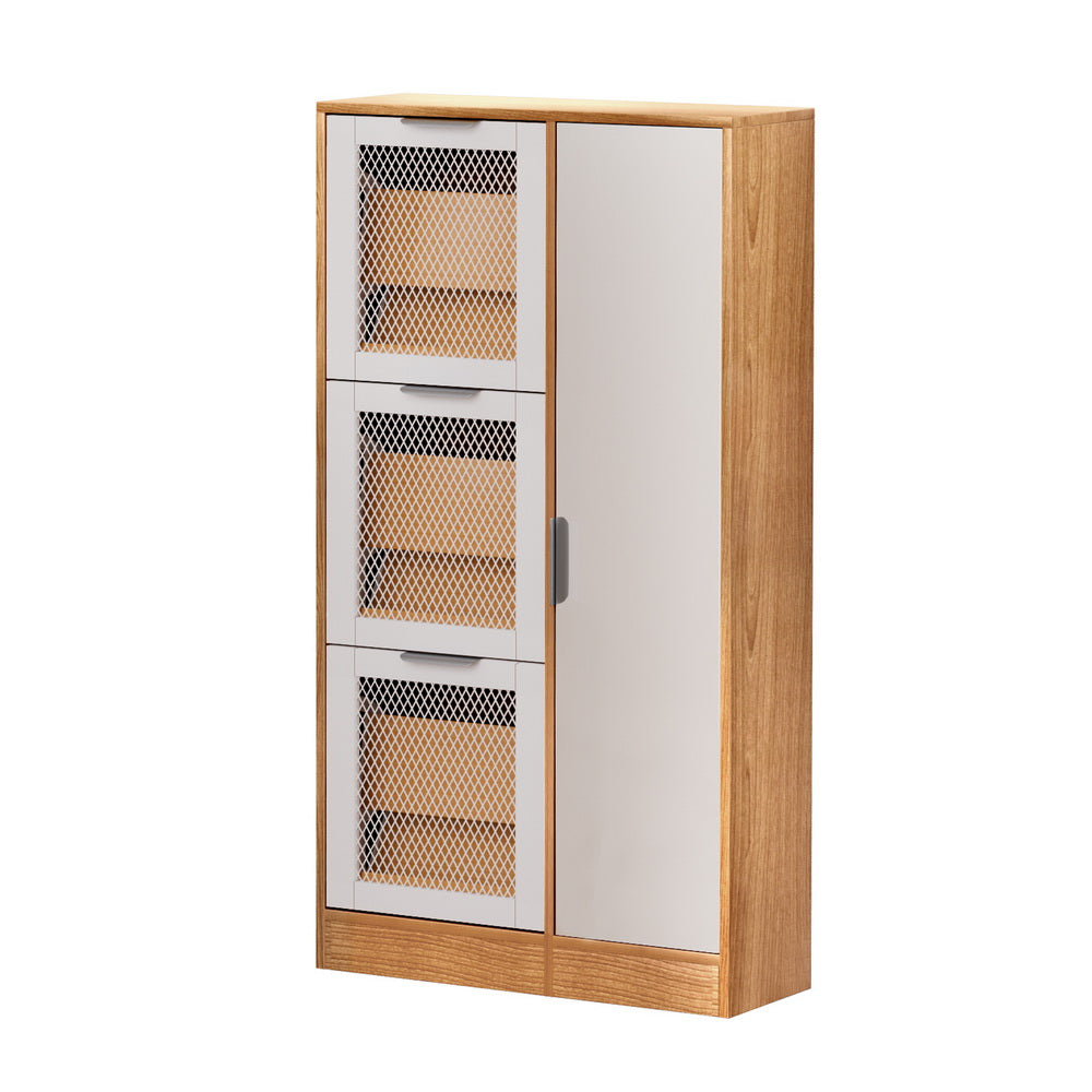 Shoe Rack Cabinet with Mirror – Pine & White