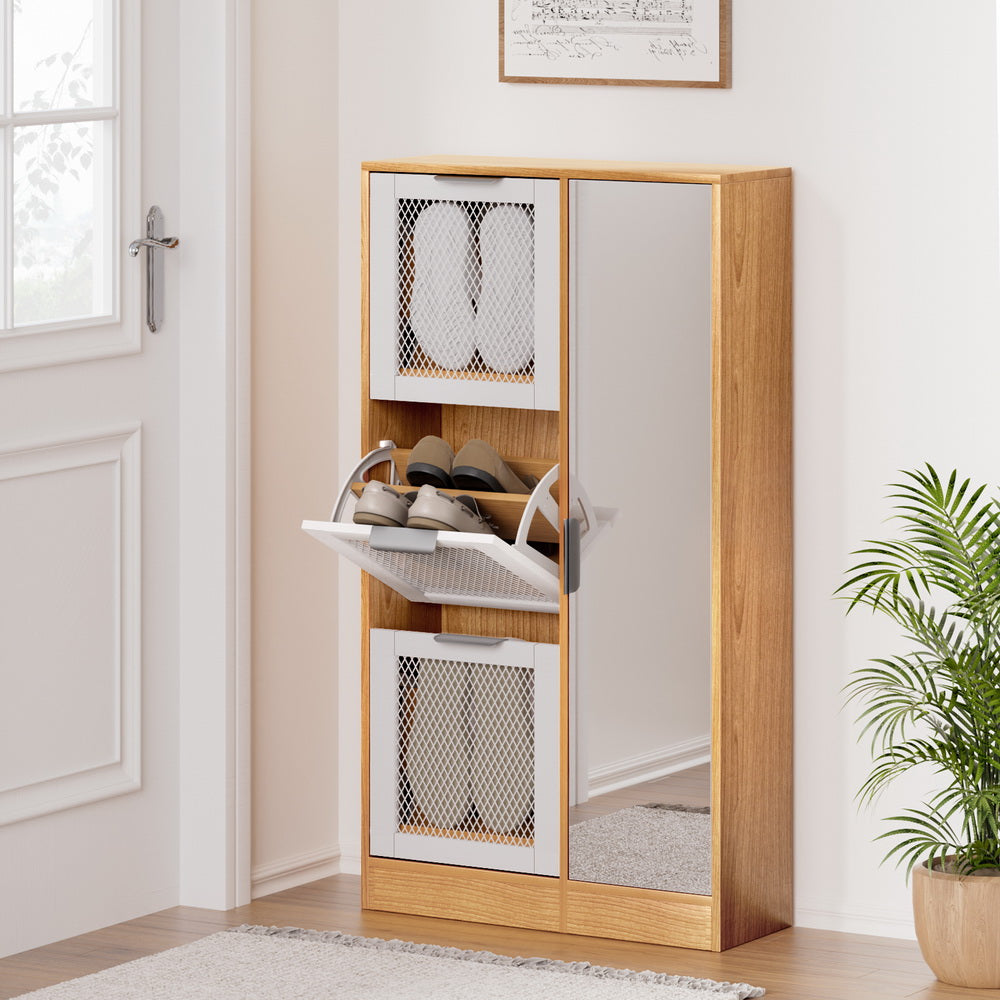 Shoe Rack Cabinet with Mirror – Pine & White