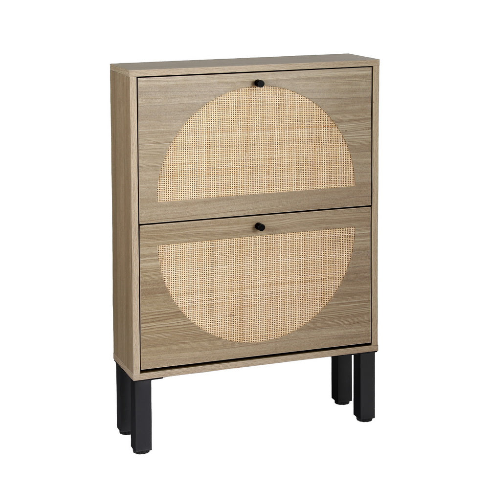 2-Drawer Rattan Shoe Cabinet – Pine & Black