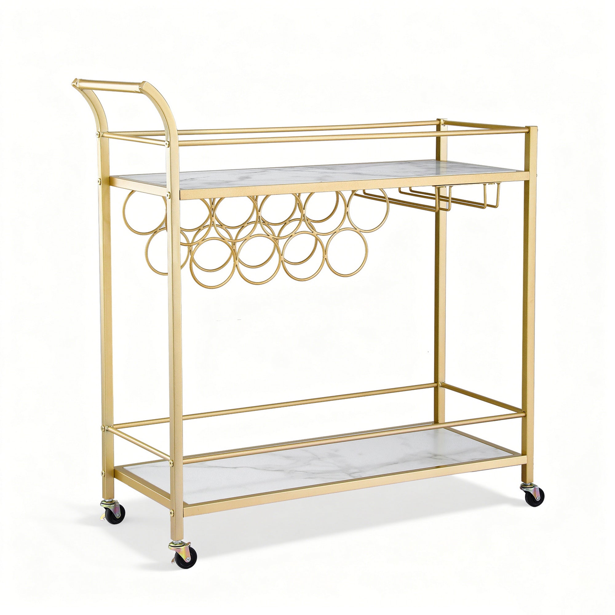 Bar Cart Drinks Trolley Serving Wine Rack Glass Holder Marble 85cm Gold