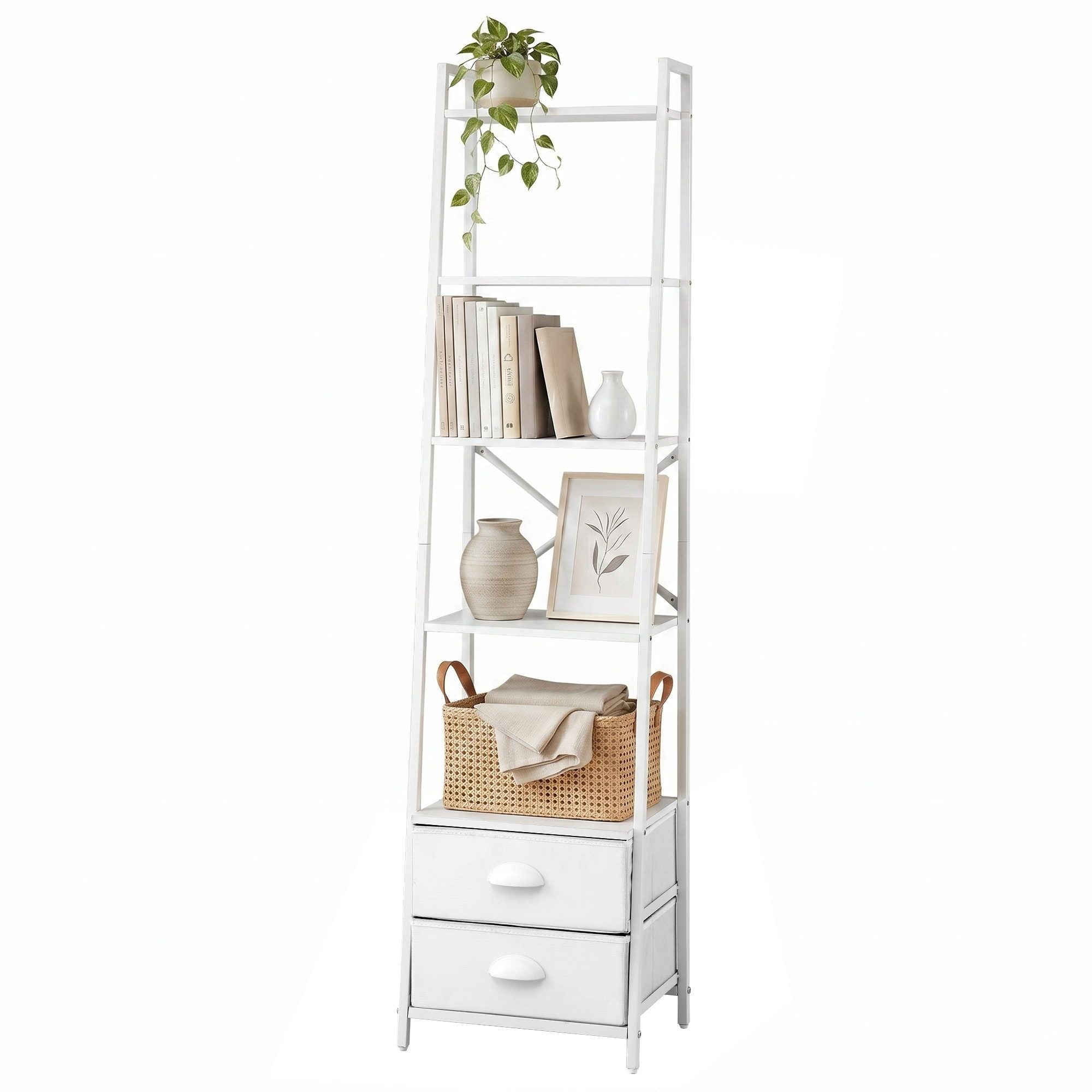 5 Tier Bookshelf Ladder Bookcase with Fabric Drawers Display Rack White