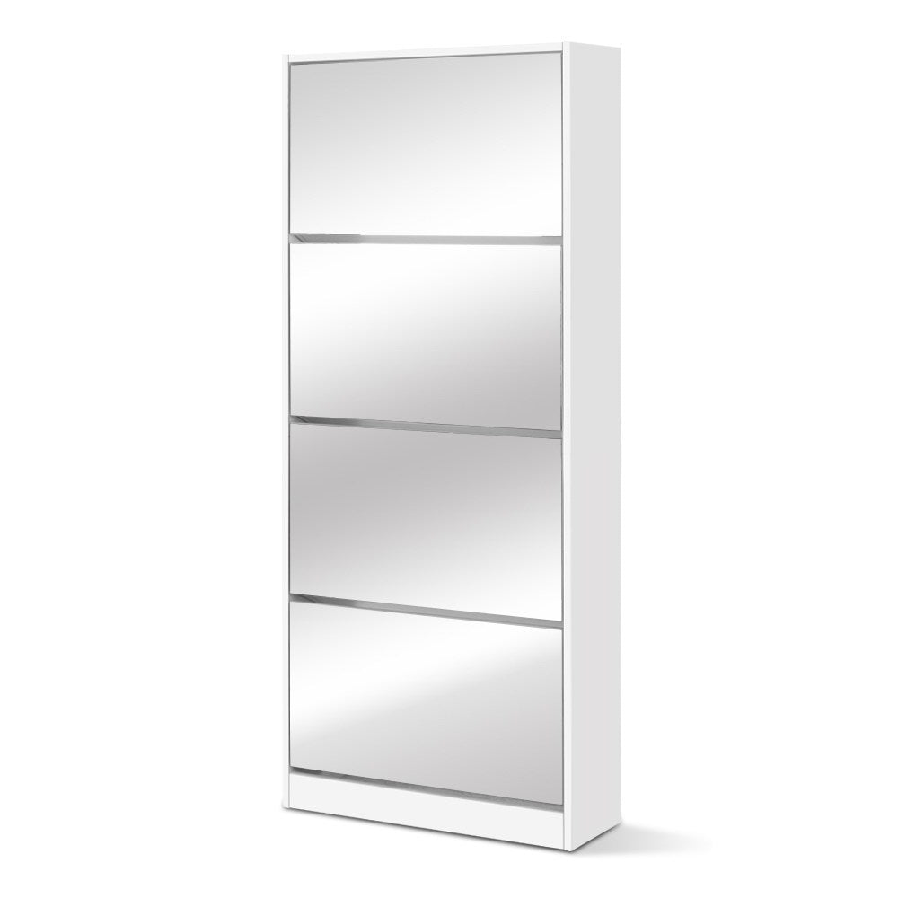 Mirror Shoe Cabinet – White (4 Compartments, Holds up to 60 Pairs)