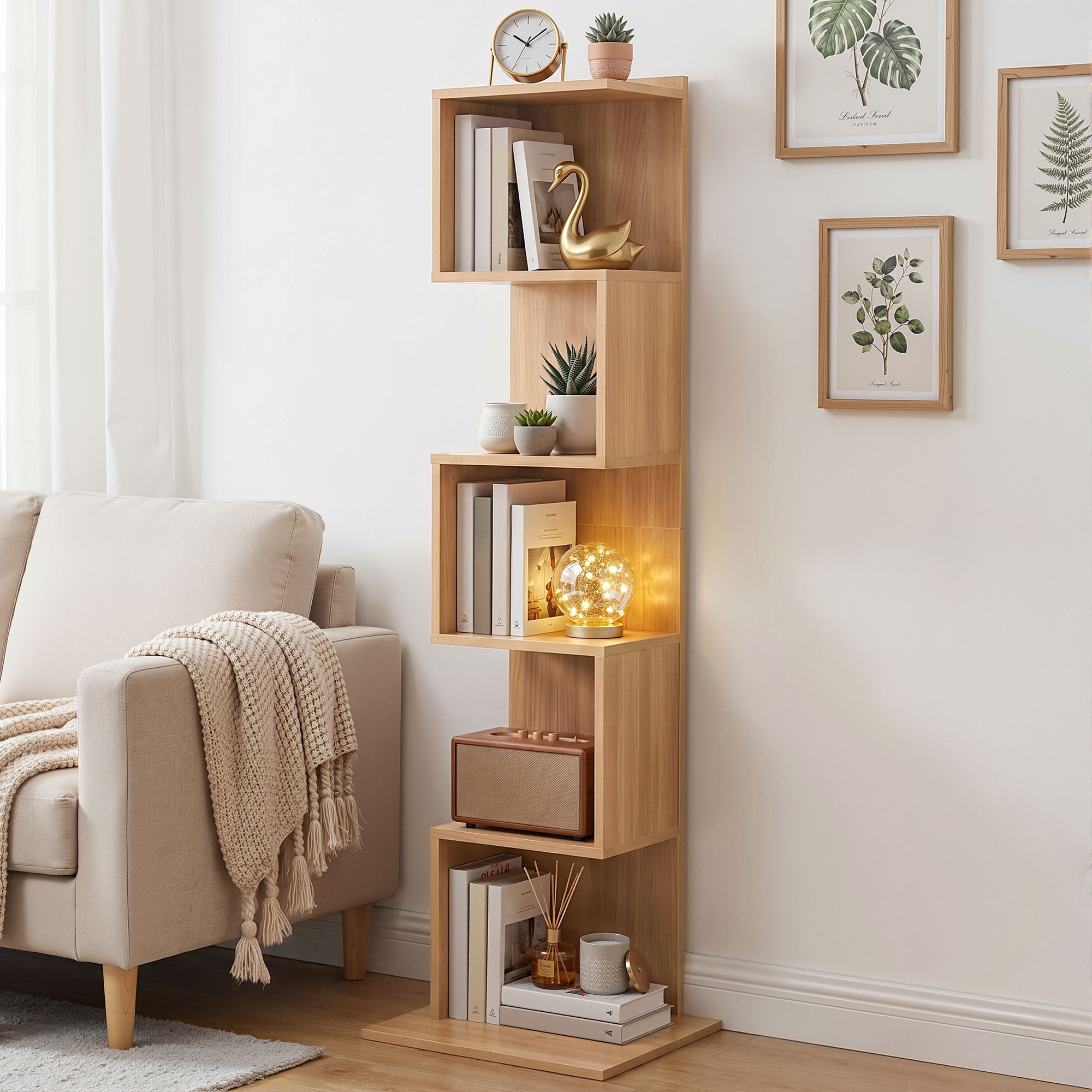5 Tiers Bookshelf S-shaped Bookcase Oak