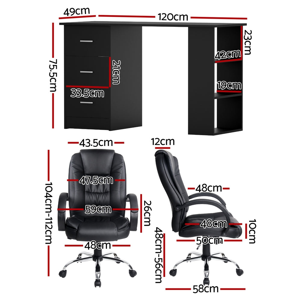 Computer Desk 120cm Executive Office Chair Set PU Leather High Back Black