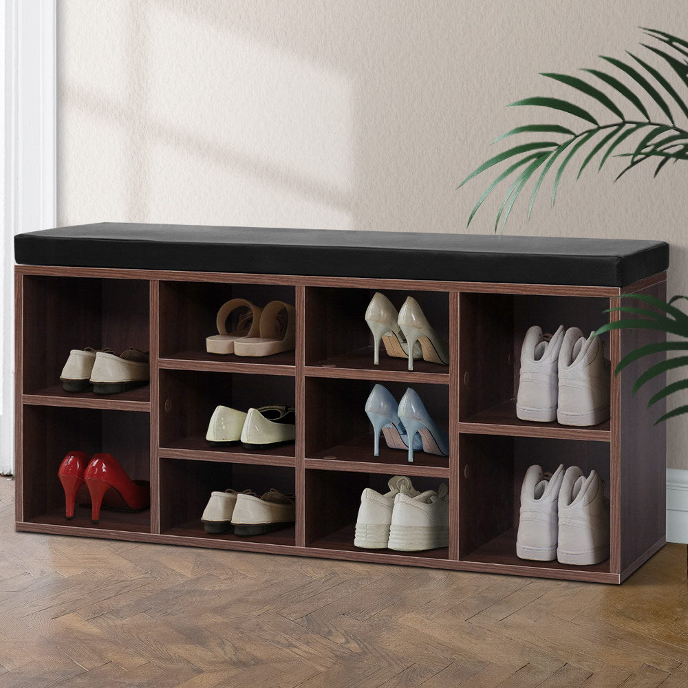 Shoe Shelf Bench with Cushioned Seat – Walnut & Black