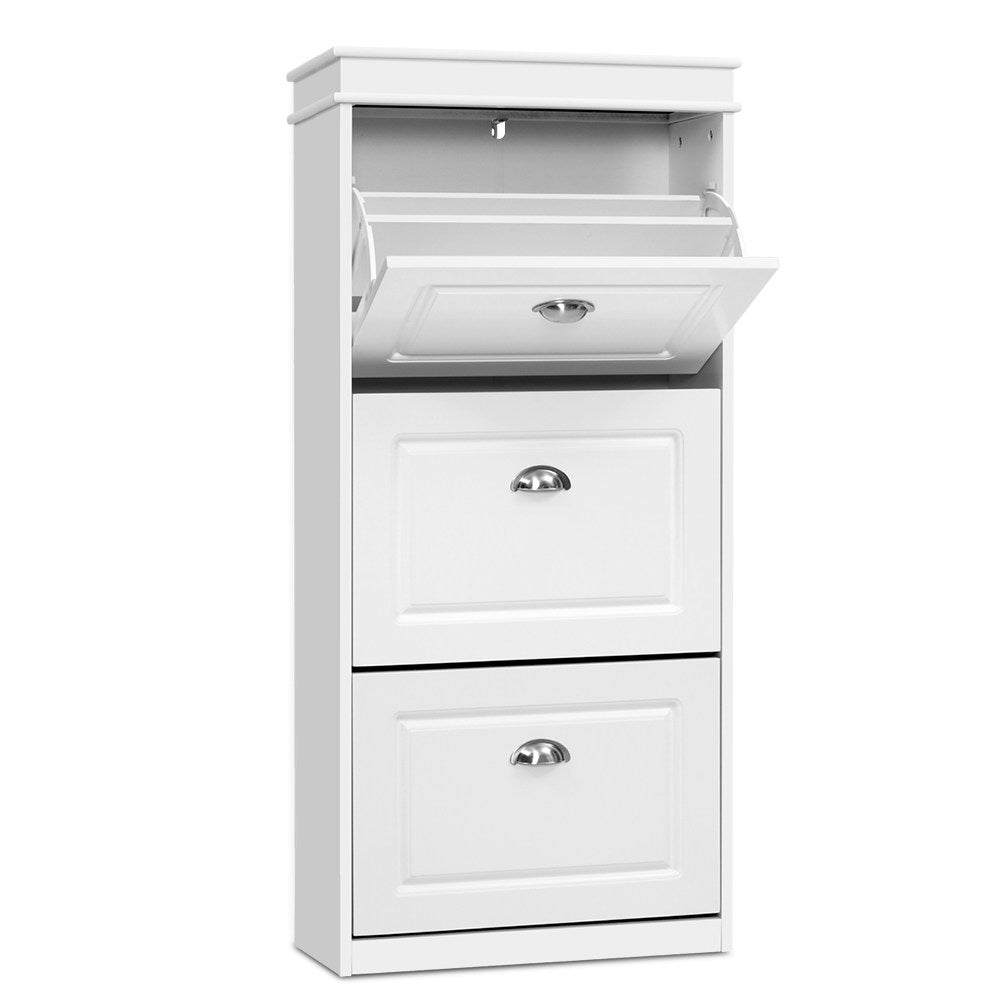 3-Tier Shoe Cabinet – White with Retro Metal Handles