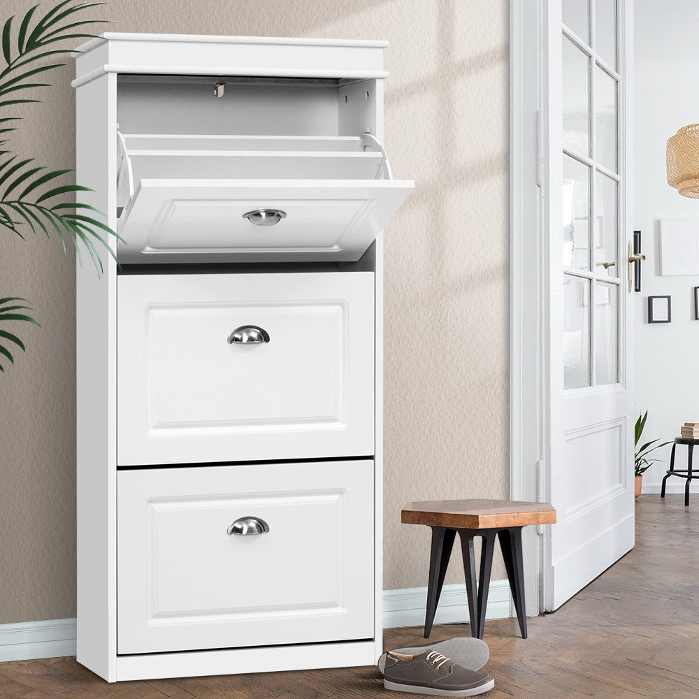 3-Tier Shoe Cabinet – White with Retro Metal Handles