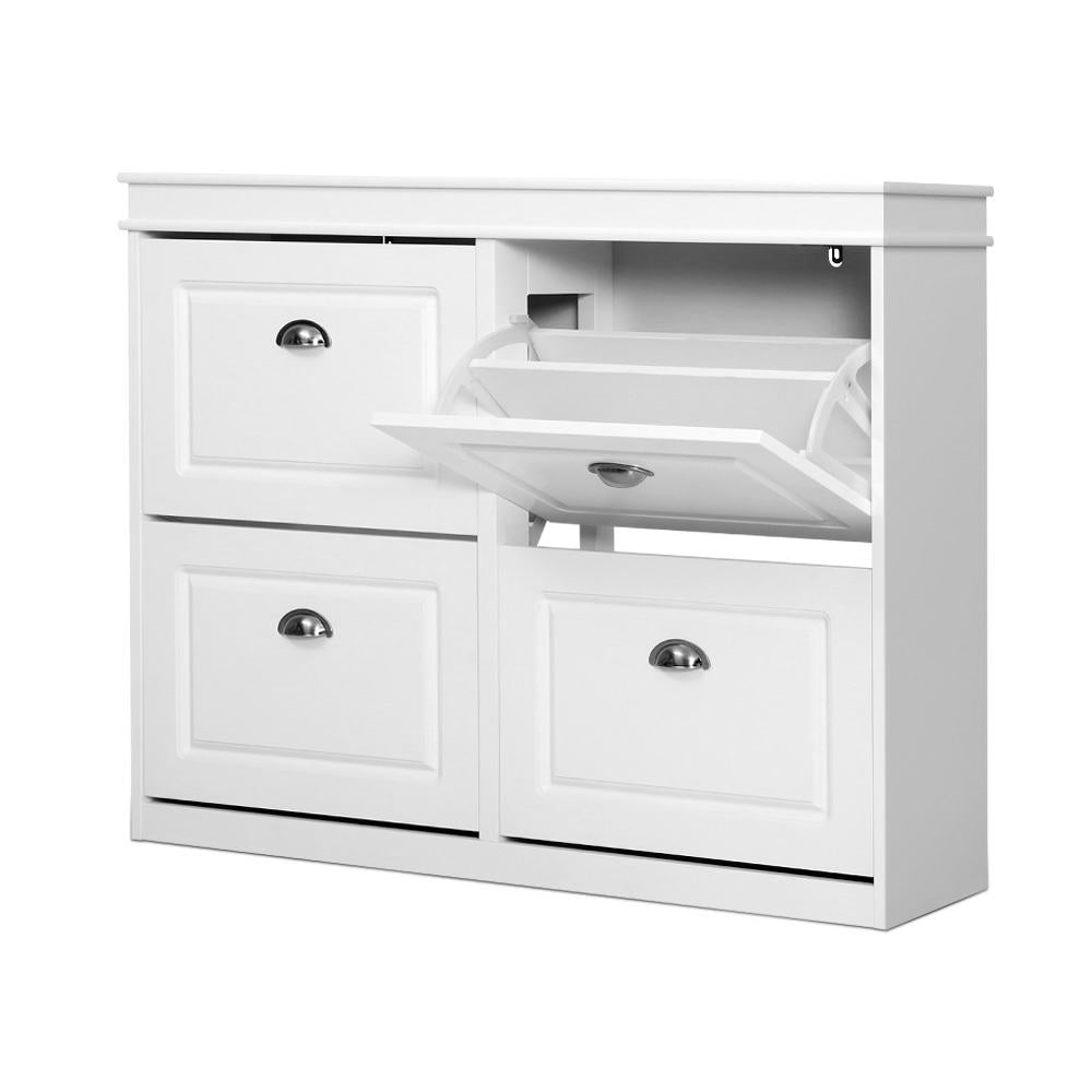 4-Compartment Shoe Cabinet – White with Retro Metal Handles