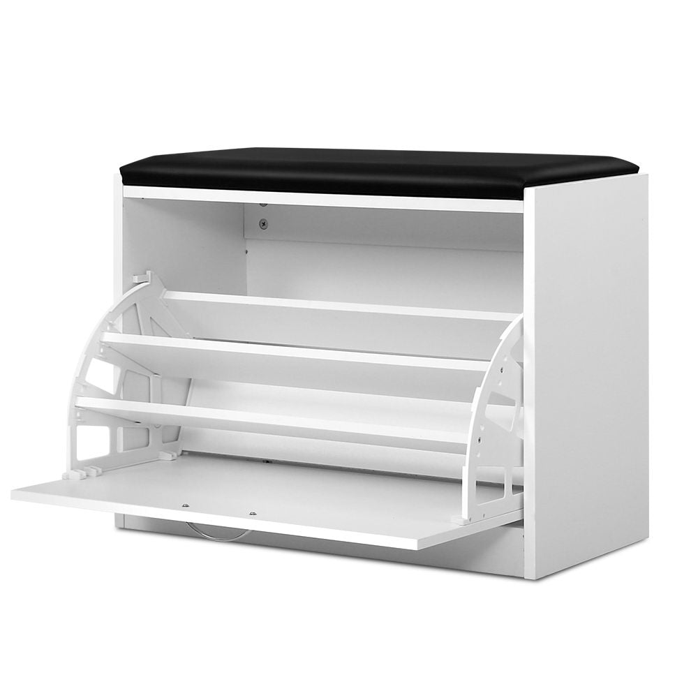 Shoe Storage Bench – White with Black PU Leather Seat