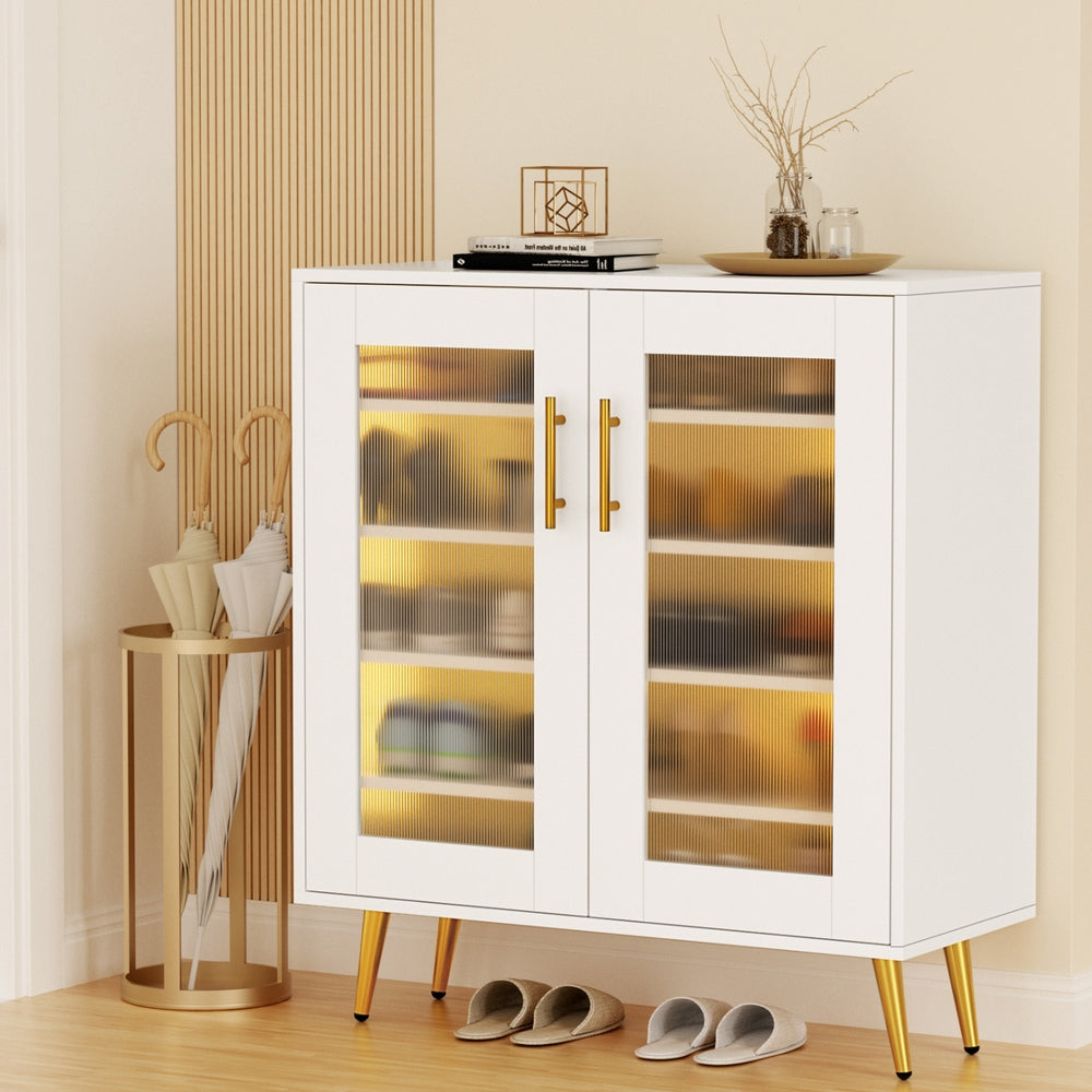 Shoe Rack 5-Tier Storage with LED Light – White & Gold