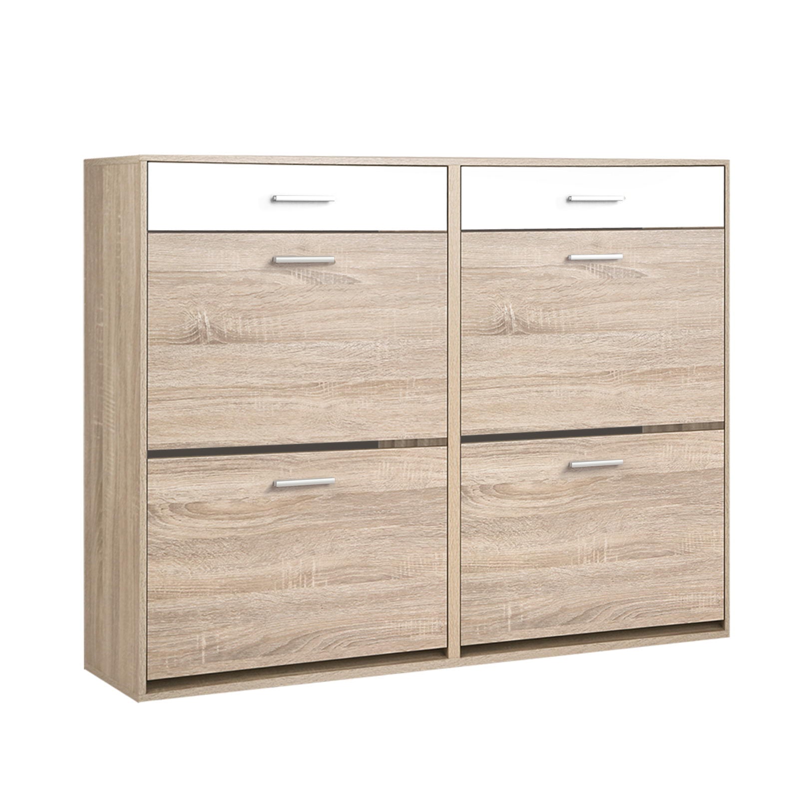 Shoe Cabinet with 4 Compartments & 2 Drawers – White & Oak