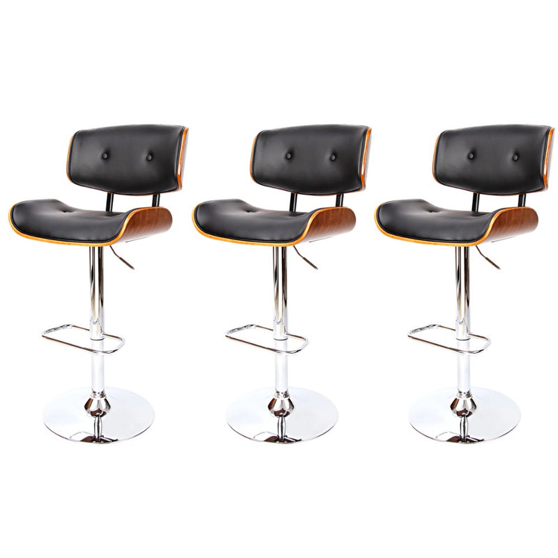 Set of 3 Hailey Wood and Leather Gas Lift Bar Stools Black and Chrome
