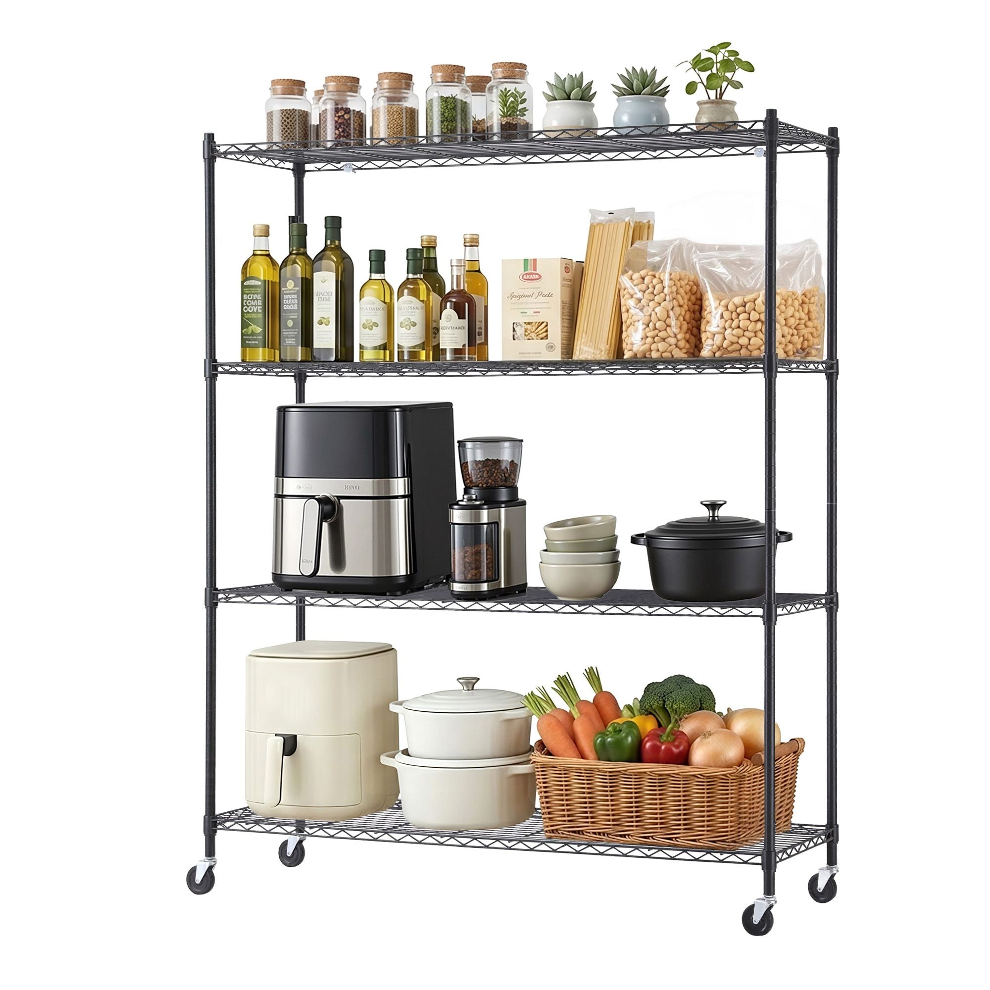 4-Tier Kitchen Rack Shelf with Wheels Shelving 152x45x187CM Adjustable Metal Storage Shelves