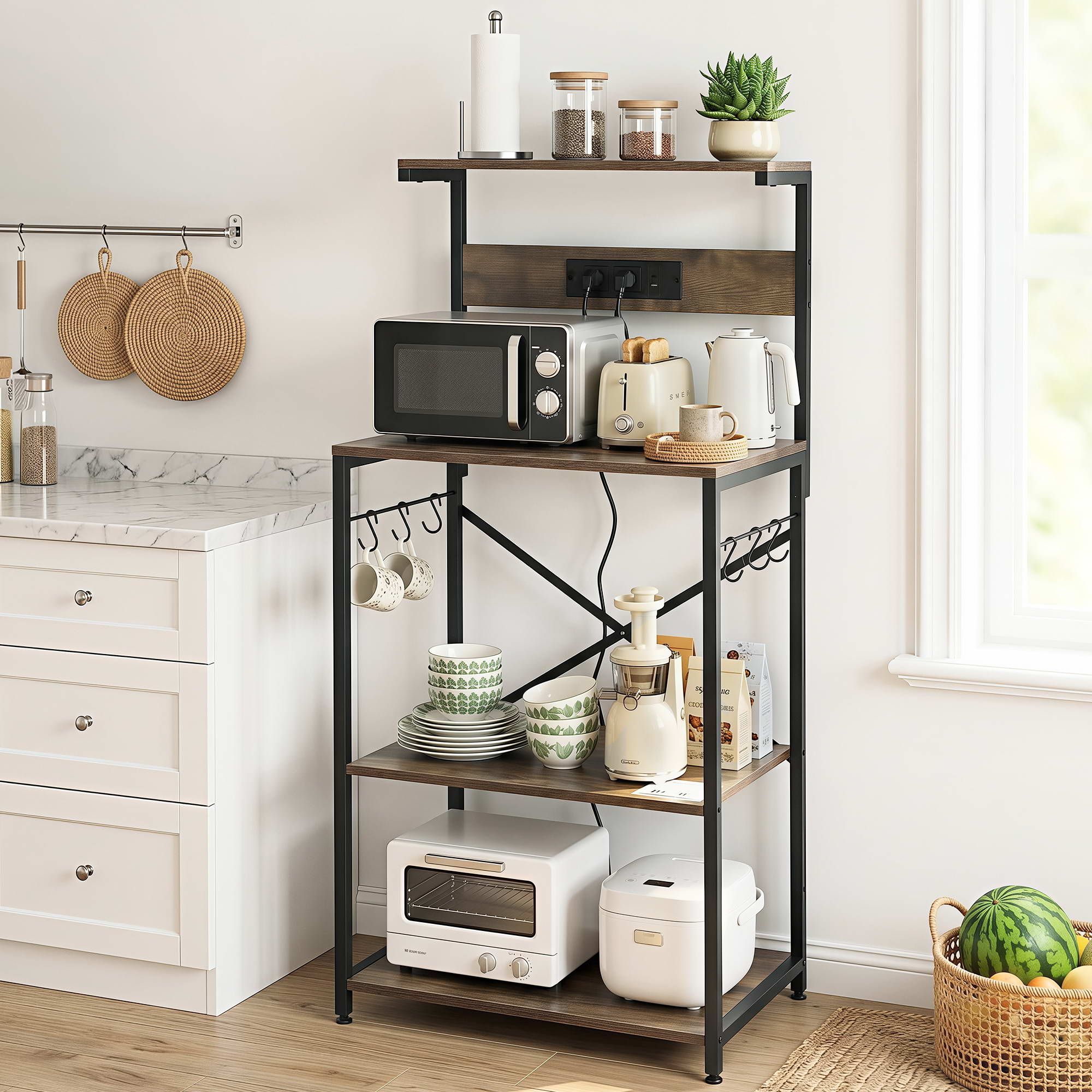4-Tier Kitchen Rack with 2 Power Outlets 6 Hooks Microwave Storage Shelf