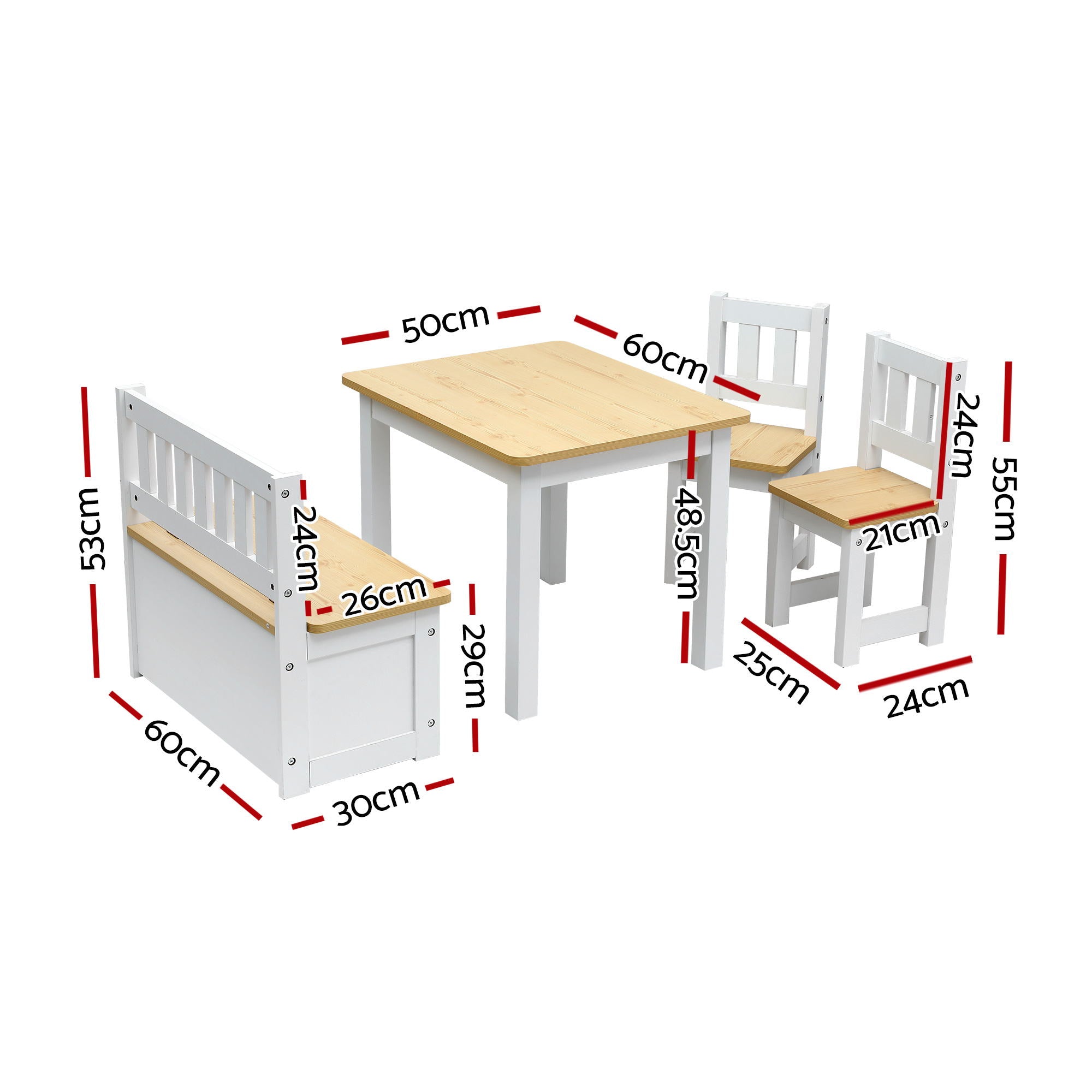 4-Piece Kids Activity Table and Chair Set with Storage Bench for Drawing, Reading & Snack Time - Natural