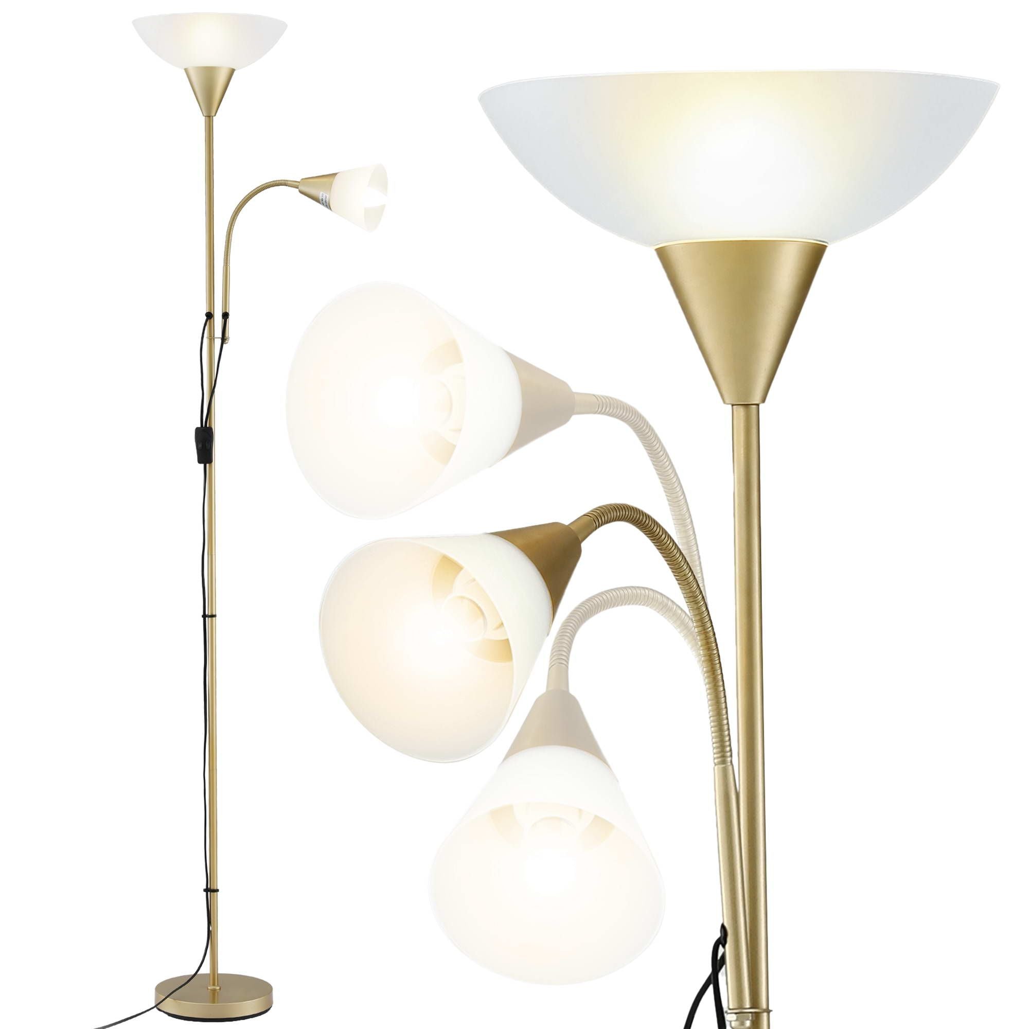Gold Floor Lamp with Reading Light | Mother and Child Standing Lamp with 360 Flexible Gooseneck, Individual Switch & Plate Shade, E27 & E14 Bulb (Not Included) Home Living Room Office Reading