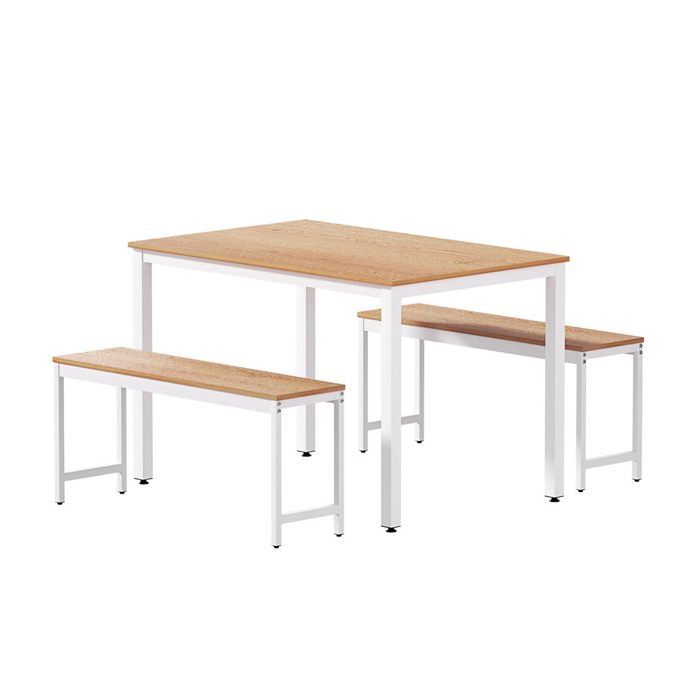 3 Piece Dining Bench Set - Natural and White
