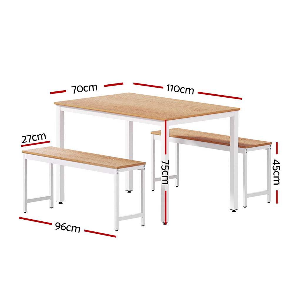3 Piece Dining Bench Set - Natural and White