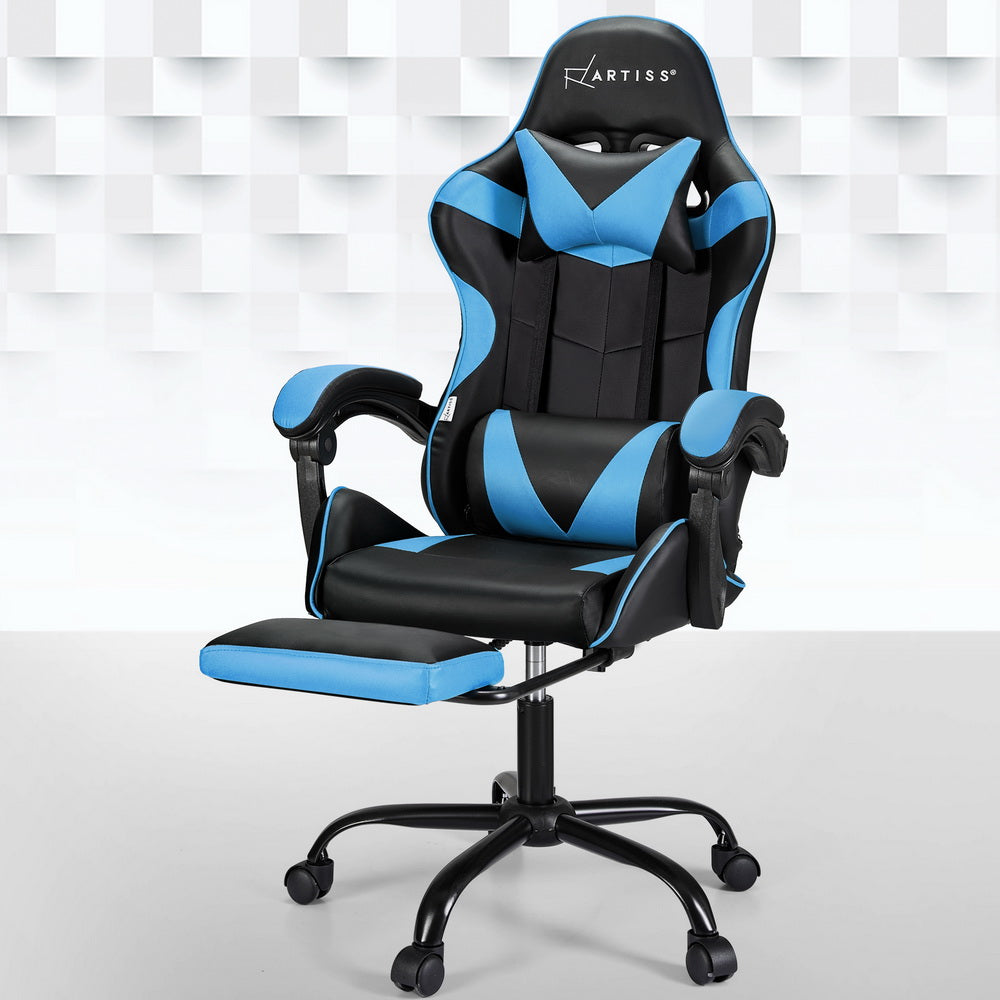 Point Massage Gaming Office Chair Footrest Cyan Blue