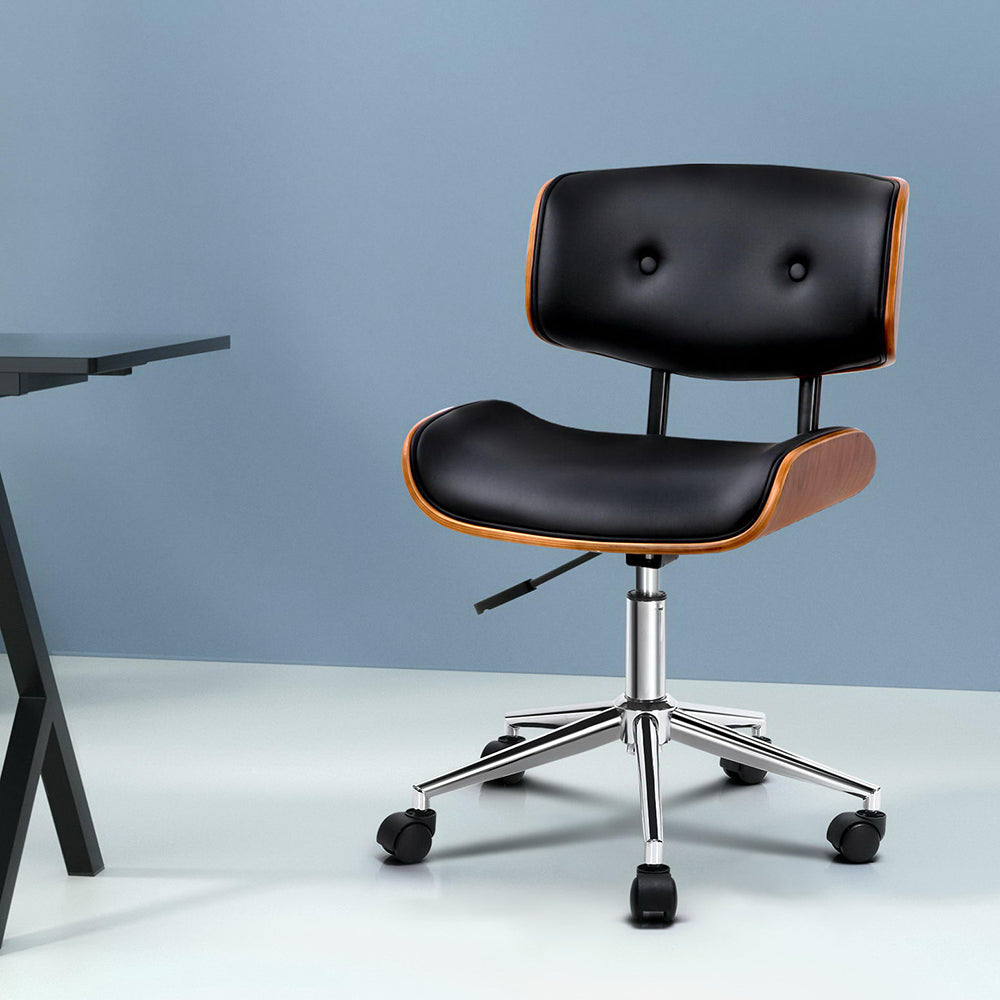 Wooden Office Chair Leather Seat - Black