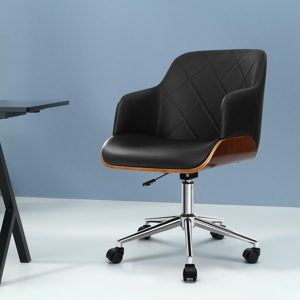 Wooden Office Chair Leather Seat - Black