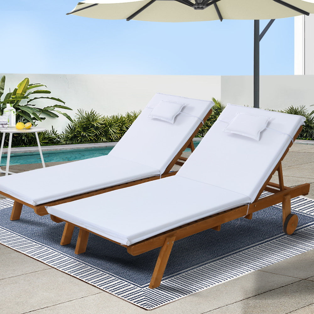 2x Sun Lounge Wooden Lounger Outdoor Furniture Day Bed Wheel Patio White